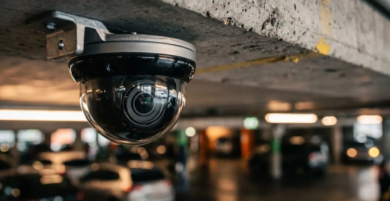 Gros plan sur un système de surveillance moderne dans un parking P+R avec caméras dômes et éclairage LED
