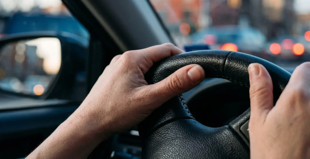 Détail macro des mains sur un volant avec focus sur la technique de respiration