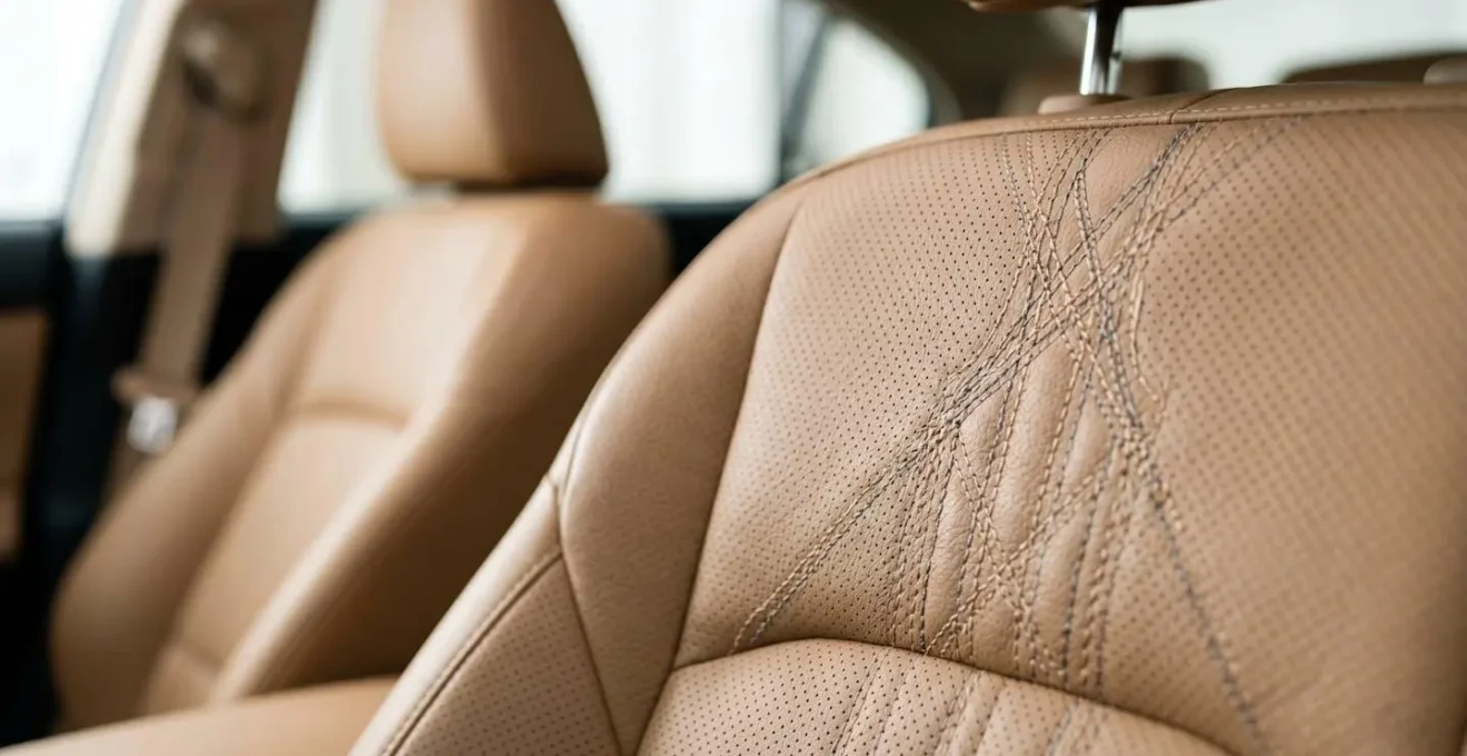 Gros plan sur un siège automobile en cuir végan beige montrant les coutures fusibles et la zone de déploiement de l'airbag latéral