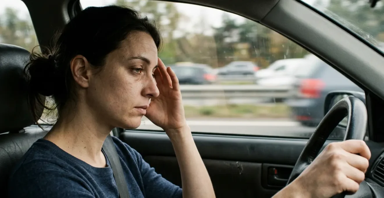 Conductrice épuisée montrant des signes de fatigue au volant sur autoroute