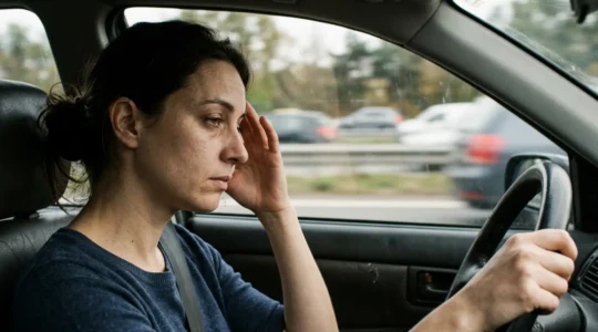 Conductrice épuisée montrant des signes de fatigue au volant sur autoroute