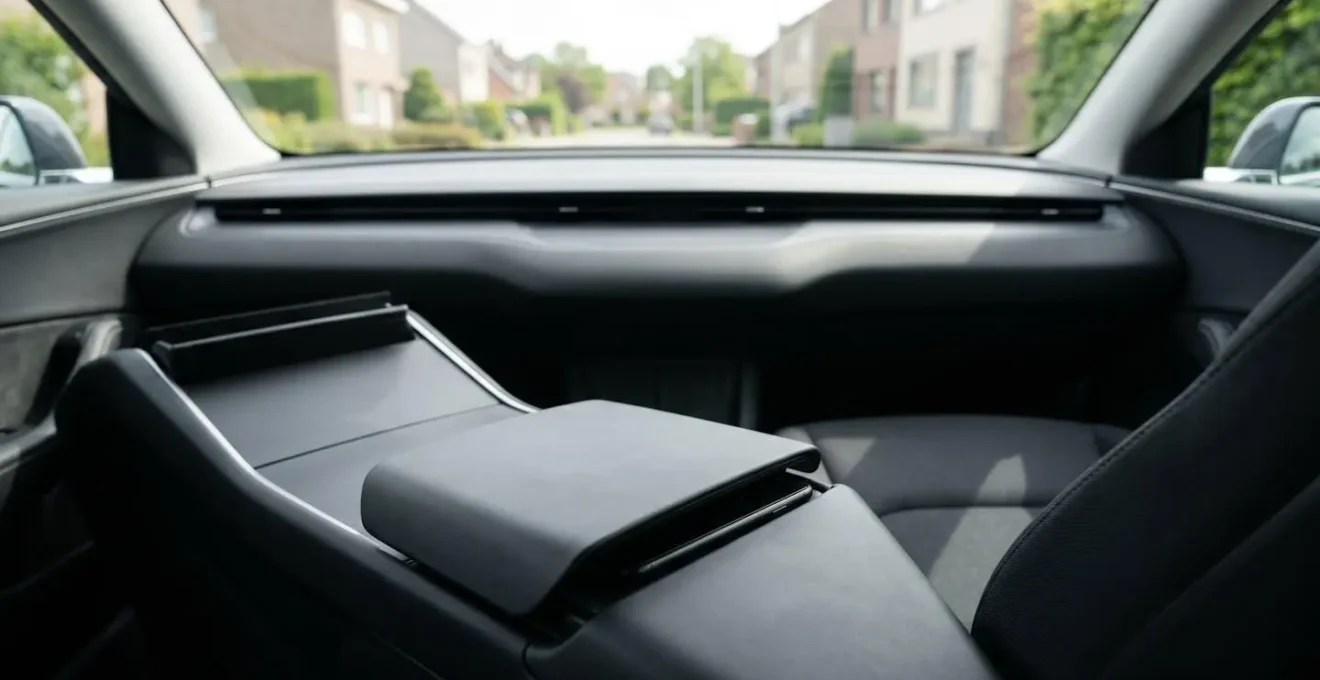 Smartphone rangé dans compartiment central fermé d'une voiture, vue minimaliste