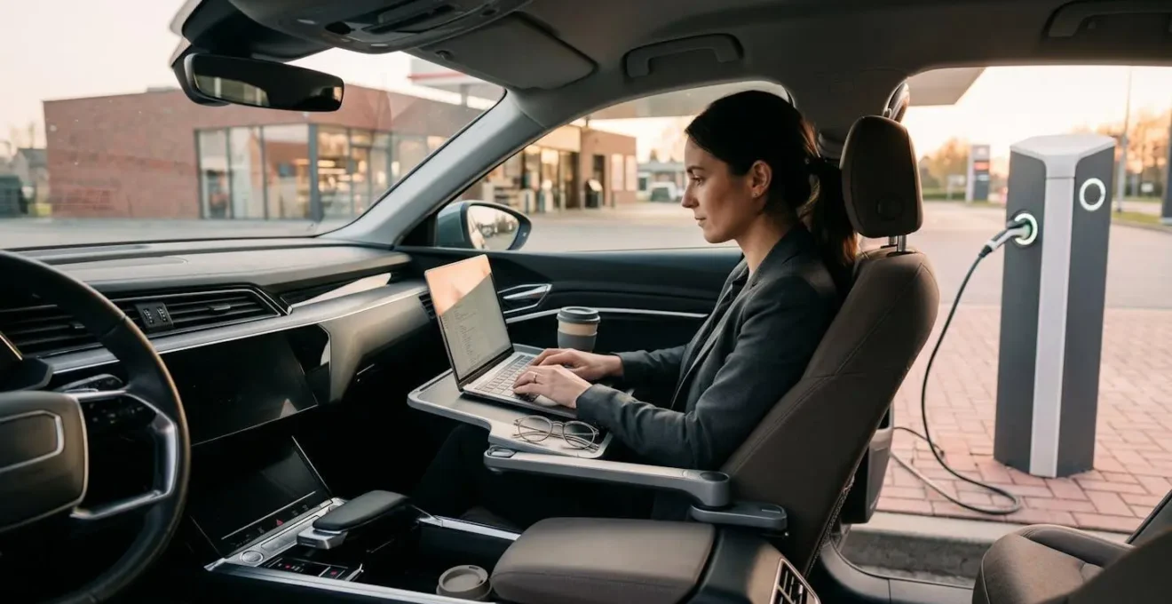 Installation ergonomique d'un support d'ordinateur portable dans une voiture électrique en charge