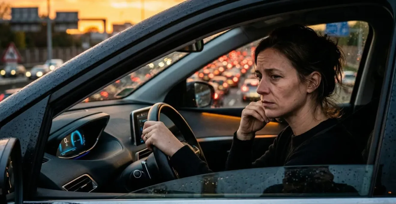Une femme au volant dans les embouteillages du soir, visage tendu par la fatigue, regardant l'horloge du tableau de bord