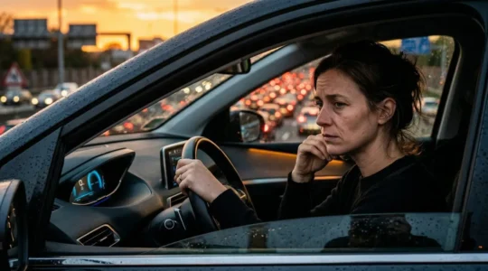 Une femme au volant dans les embouteillages du soir, visage tendu par la fatigue, regardant l'horloge du tableau de bord