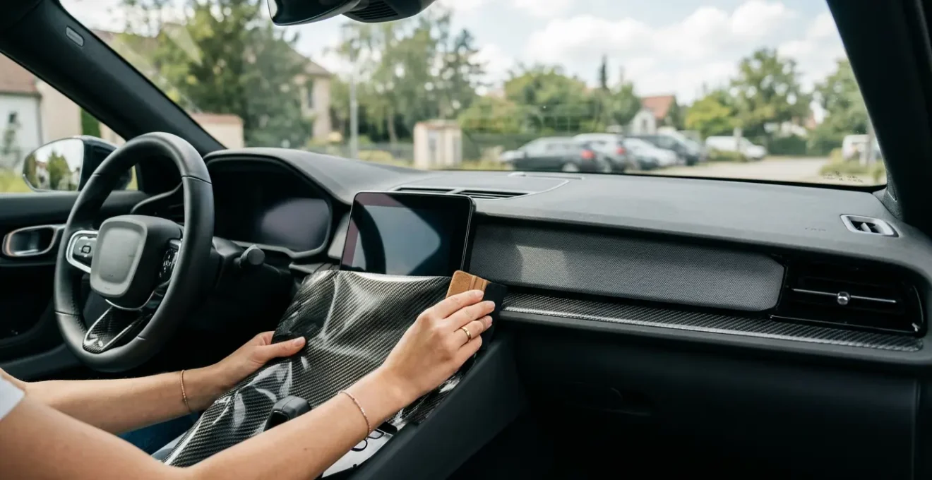 Tableau de bord automobile moderne avec finitions en covering carbone, éclairage d'ambiance LED discret