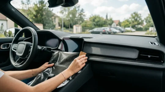 Tableau de bord automobile moderne avec finitions en covering carbone, éclairage d'ambiance LED discret