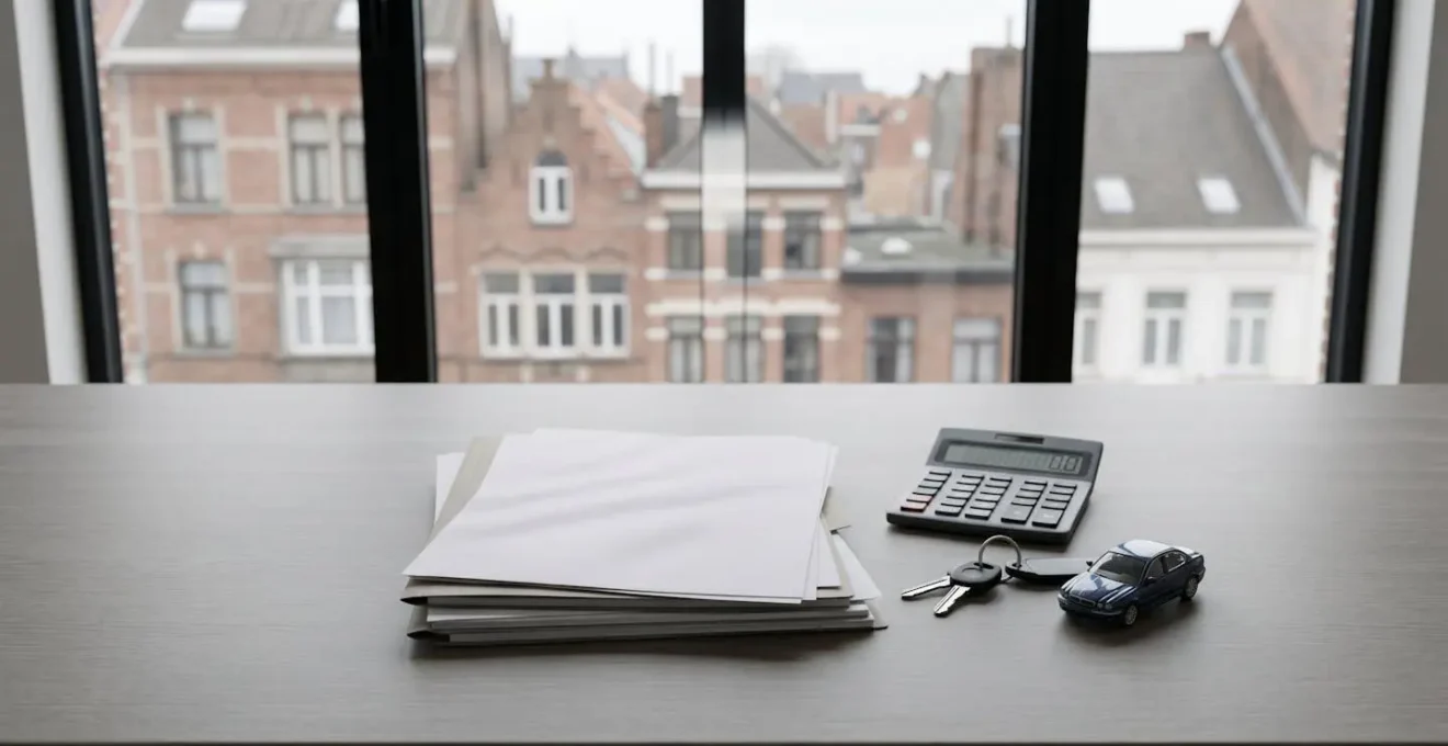 Bureau avec documents d'assurance et calculatrice montrant des économies après stage de conduite
