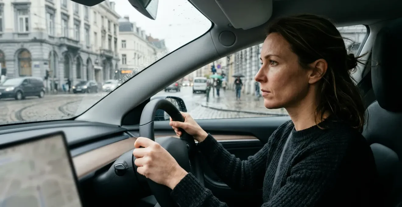 Conductrice concentrée au volant dans habitacle moderne avec technologies embarquées