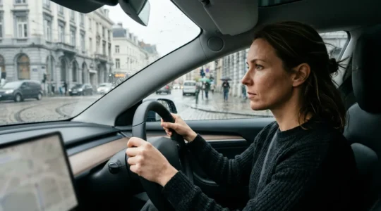 Conductrice concentrée au volant dans habitacle moderne avec technologies embarquées