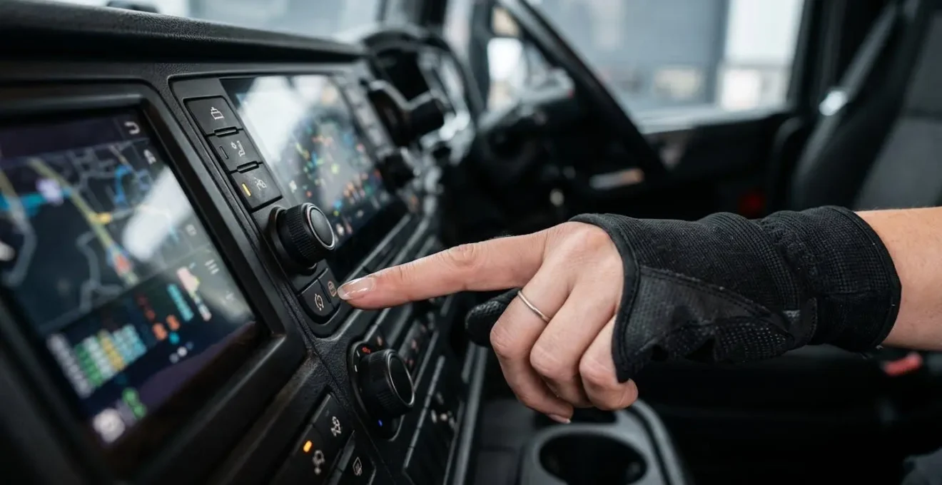 Gros plan sur les commandes technologiques modernes d'un camion avec une main féminine professionnelle