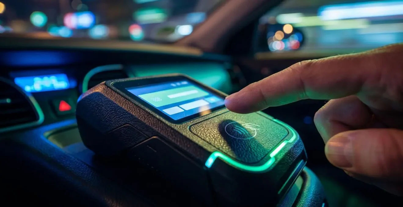 Terminal de paiement électronique mobile dans un VTC avec transaction sécurisée en cours