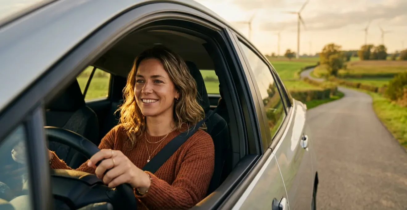 Femme au volant d'une voiture hybride moderne sur une route belge bordée d'éoliennes