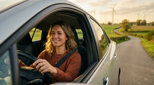 Femme au volant d'une voiture hybride moderne sur une route belge bordée d'éoliennes