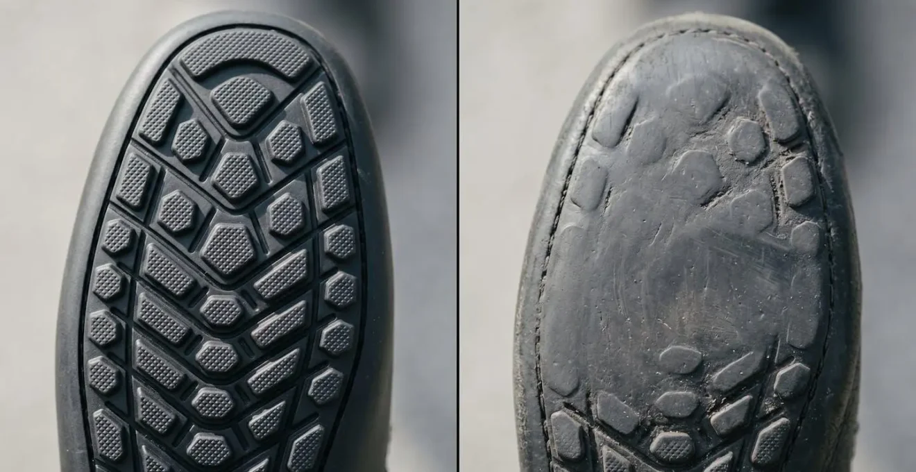 Détail de l'usure du talon droit d'une chaussure de conduite montrant l'affaissement caractéristique